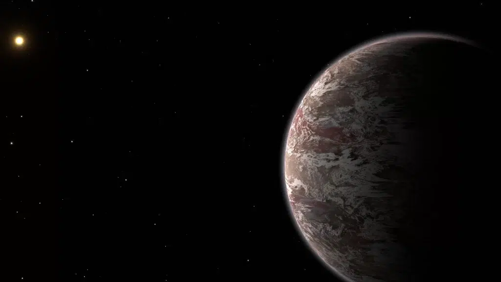 Umjetnički prikaz planeta Epsilon Indi Ab, s oblacima vode iznad atmosfere u kojoj prevladava amonijak. Zasluge: E. C. Matthews, MPIA / T. Müller, HdA