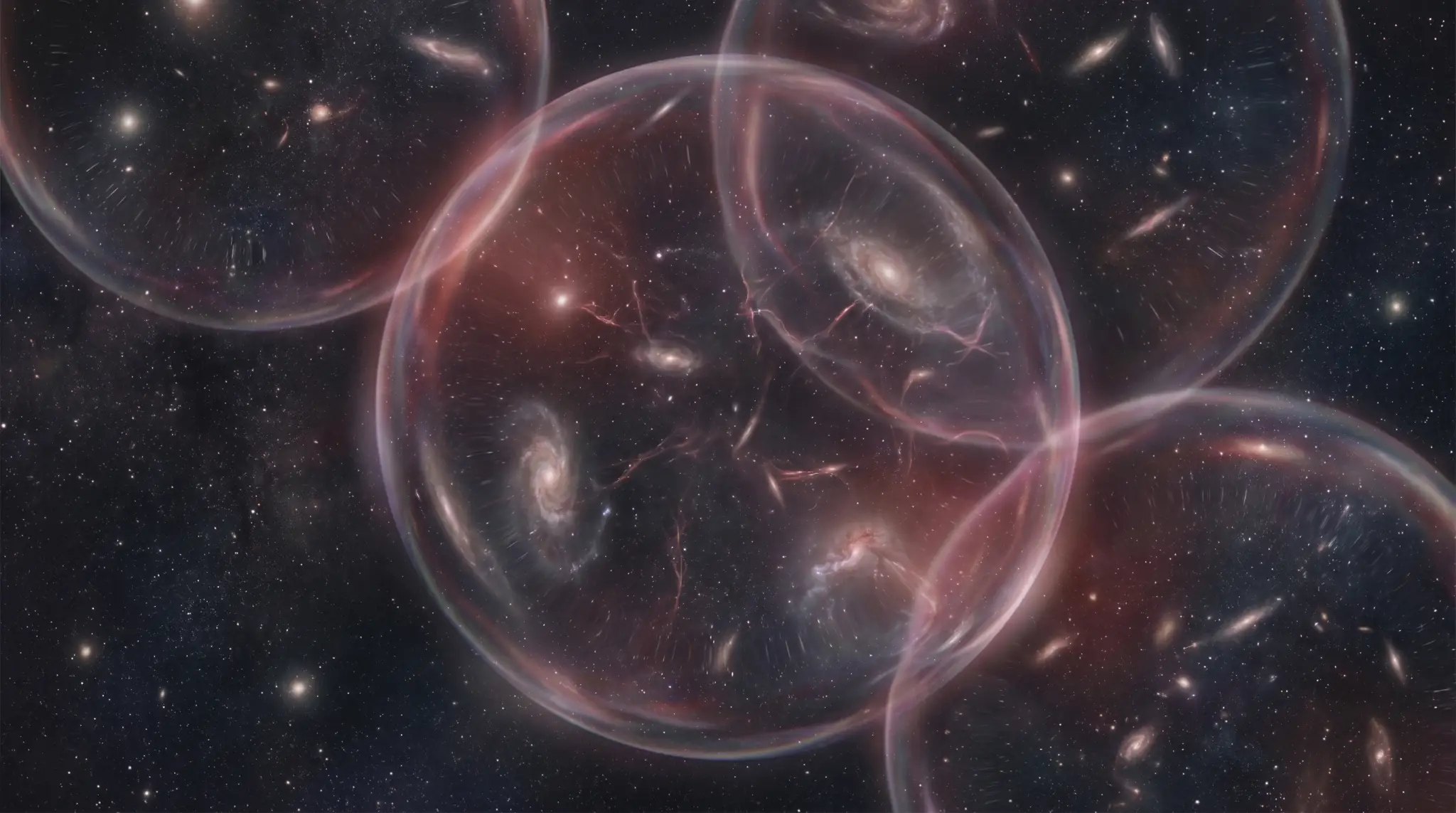 Ilustracija mjehurića pravog vakuuma koji se šire kroz svemir, s galaksijama i zvjezdanim poljima u pozadini.
