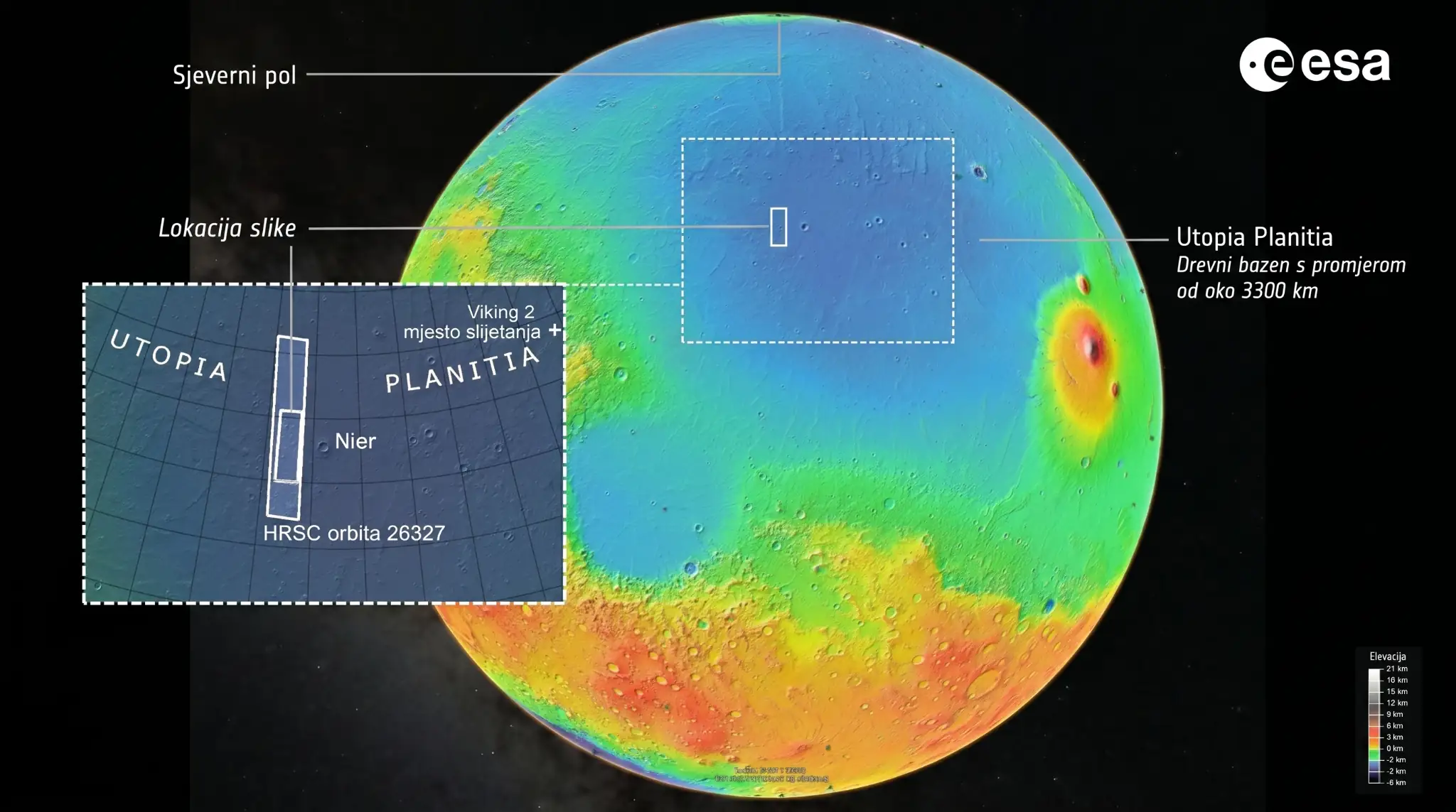 Veliki isprekidani kvadrat označava područje Marsa prikazano na novim snimkama kamere visoke razlučivosti (HRSC) na sondi Mars Express Europske svemirske agencije, objavljenima u travnju 2026. Dva manja okvira unutar njega označavaju točan dio površine prikazan na snimkama, koje je Mars Express zabilježio 9. studenoga 2024. (orbita 26327). Reljef površine, prikazan jarkim bojama na karti Marsa, objašnjen je ljestvicom u donjem desnom kutu.Zasluge: NASA/USGS; ESA/DLR/FU Berlin