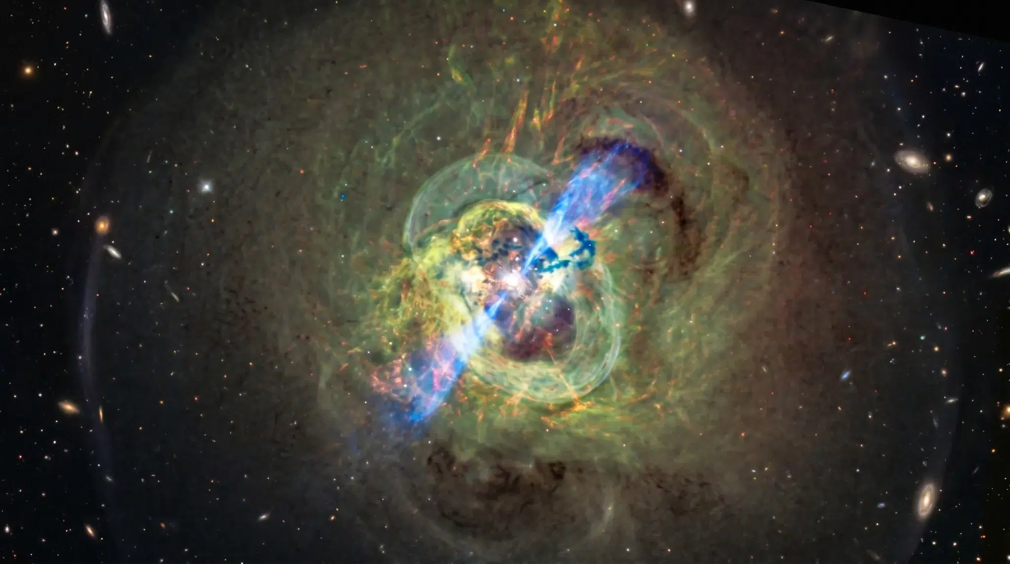 Složena rendgenska ilustracija središnjih područja skupa galaksija Perzej, nastala iz 13 opažanja provedenih između kolovoza 2002. i listopada 2004. u instrumentu ACIS na teleskopu Chandra. Prikazuje vrući međugalaktički plin, tamnoplave niti u središtu i strukture koje upućuju na dugotrajne poremećaje u skupu.