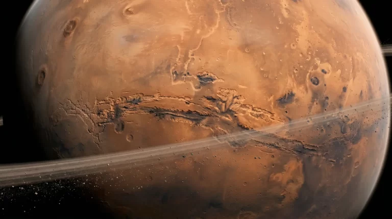 Mars s tankim prstenovima od prašine koji kruže oko planeta, prikaz mogućeg raspada mjeseca Fobosa