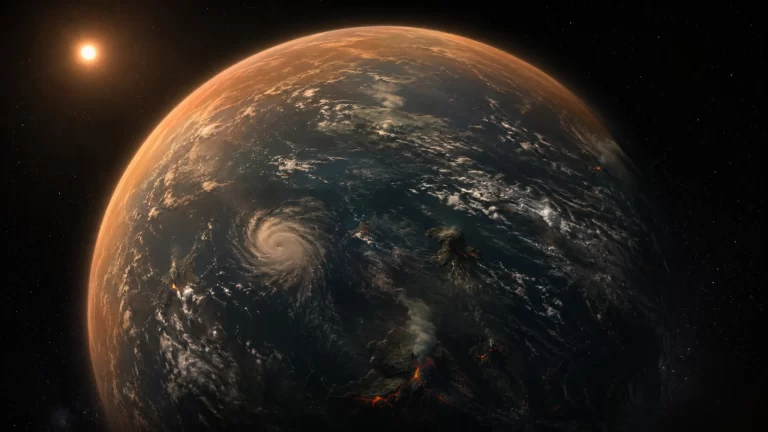 Zemlja u ranoj fazi razvoja s tamnim oceanima, gustom atmosferom i aktivnim vulkanima, promatrana iz svemira.