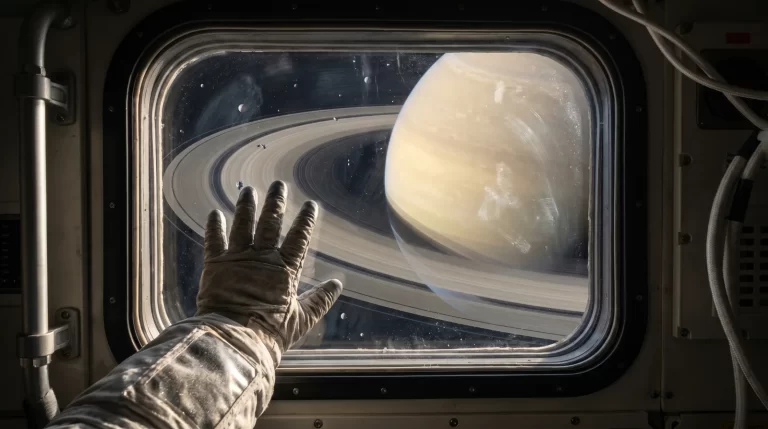 Astronautska rukavica dodiruje prozor svemirske letjelice, dok se u pozadini vidi Saturn s prstenovima.
