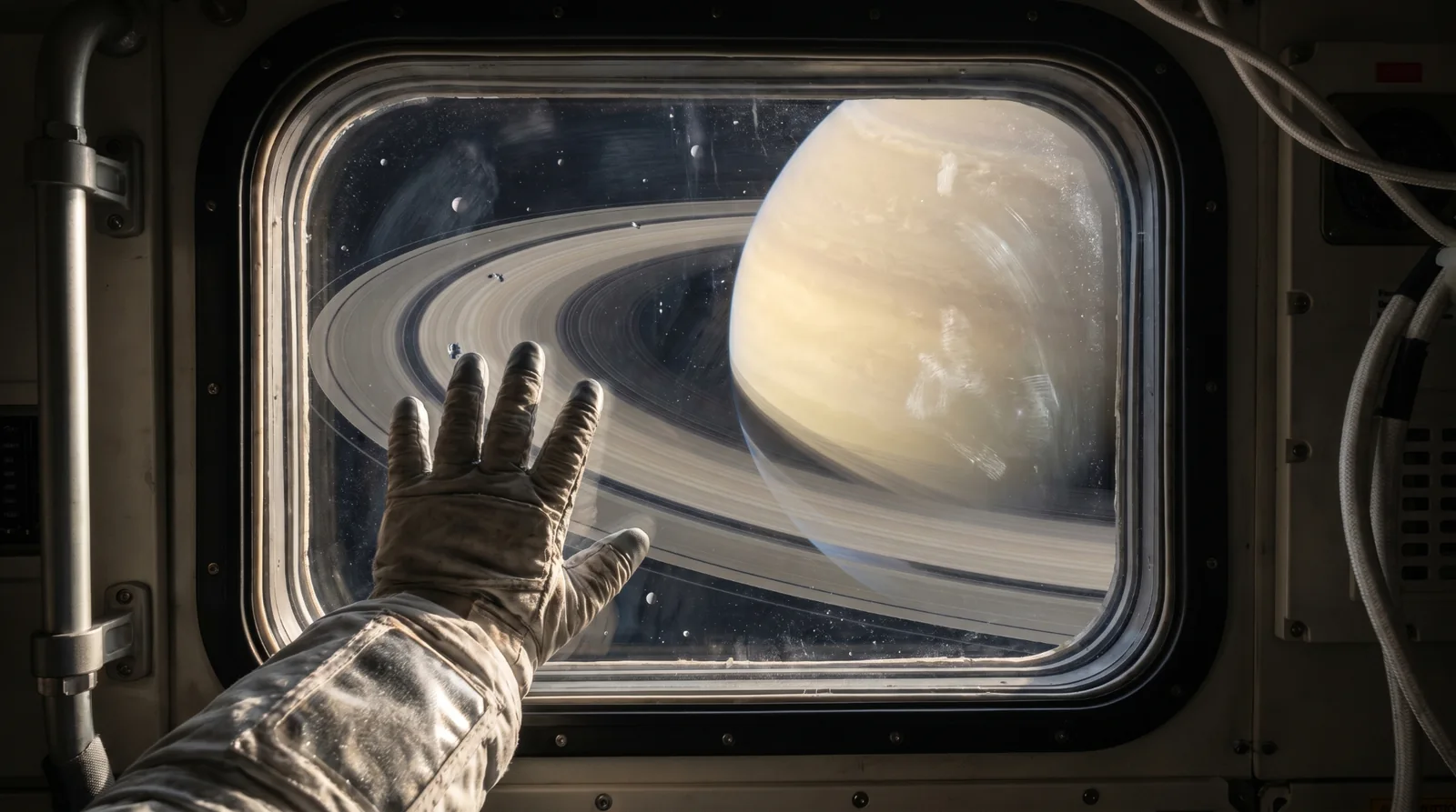 Astronautska rukavica dodiruje prozor svemirske letjelice, dok se u pozadini vidi Saturn s prstenovima.