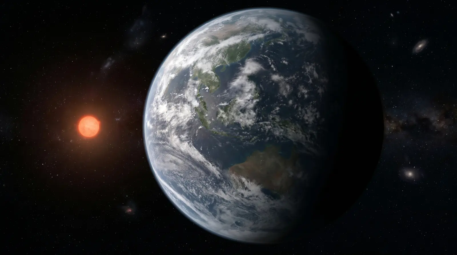 Ilustracija planeta nalik super-Zemlji koji kruži oko crvenog patuljka, s vidljivom osvijetljenom i tamnom stranom planeta u svemiru.
