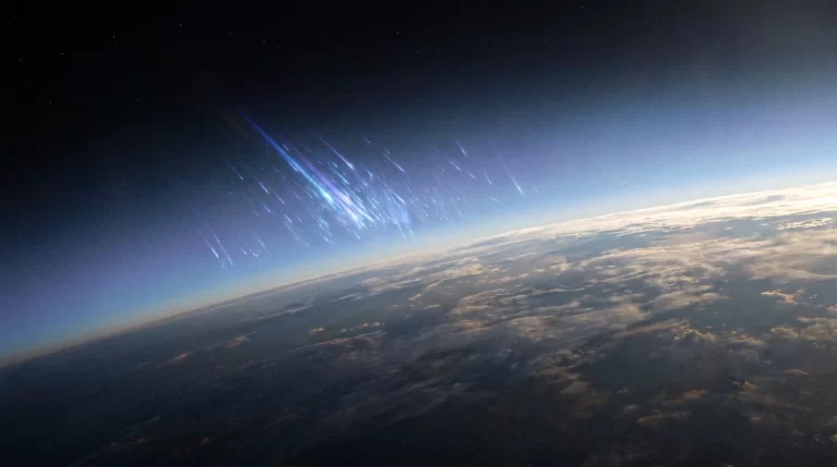 Ilustracija Zemljine atmosfere iz svemira, uz svijetle tragove kozmičkih čestica koje ulaze prema planetu.