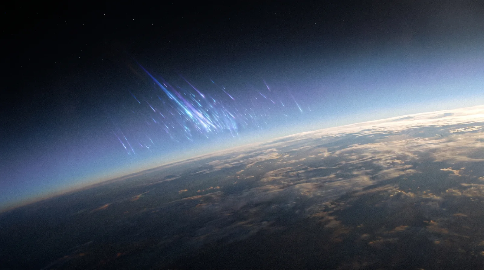 Ilustracija Zemljine atmosfere iz svemira, uz svijetle tragove kozmičkih čestica koje ulaze prema planetu.