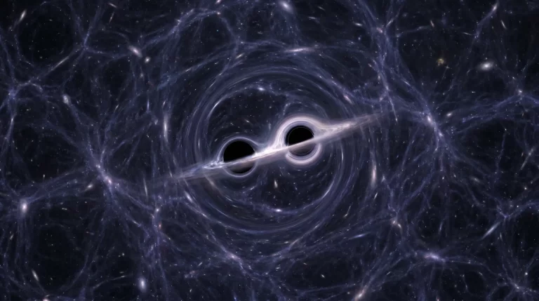 Umjetnički prikaz dviju crnih rupa koje se spajaju u području tamne tvari i stvaraju gravitacijske valove.