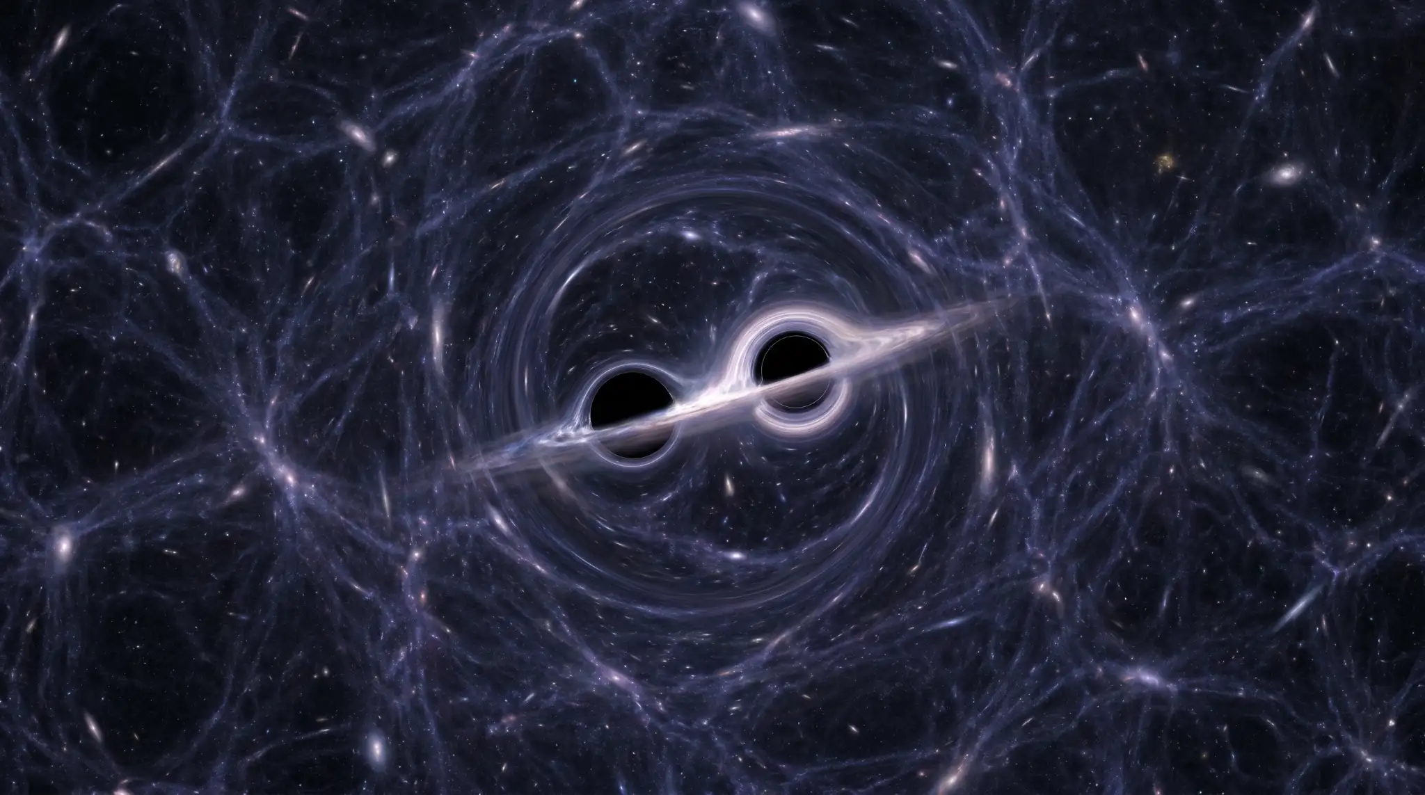 Umjetnički prikaz dviju crnih rupa koje se spajaju u području tamne tvari i stvaraju gravitacijske valove.