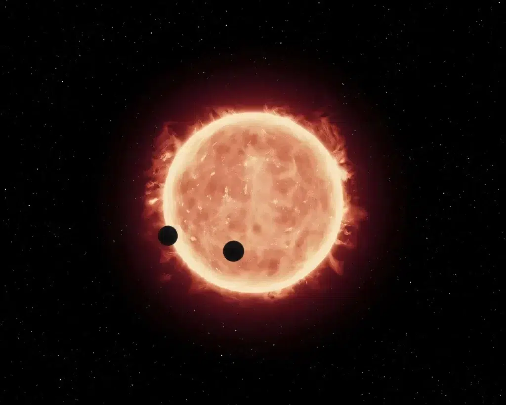Ova umjetnička ilustracija prikazuje dva svijeta veličine Zemlje kako prolaze ispred svoje matične zvijezde, crvenog patuljka u sustavu TRAPPIST-1, udaljenom 40 svjetlosnih godina. Zasluge: ESA/Hubble