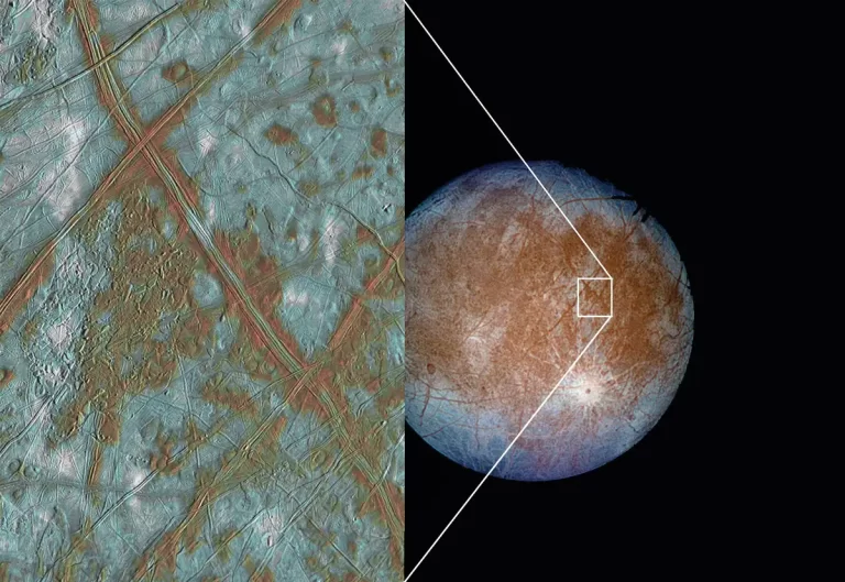 Jupiterov mjesec Europa s uvećanim prikazom ledene površine, na kojoj se vide dugačke pukotine i obojena područja.