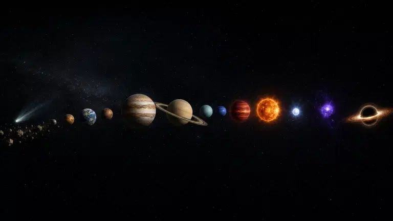 Ilustracija prikazuje niz svemirskih objekata, od asteroida i planeta do zvijezda, kompaktnih zvjezdanih ostataka i crne rupe.