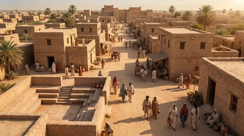 Rekonstrukcija drevnog grada Mohenjo Dara s pravilno raspoređenim zgradama od opeke, širokom ulicom, stanovnicima, životinjama i javnim prostorom koji podsjeća na urbanu organizaciju civilizacije doline Inda.