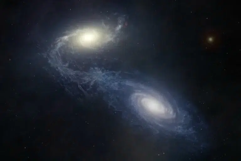 Umjetnički prikaz spiralne galaksije NGC 1365 koja se sudara i spaja s manjom galaksijom.