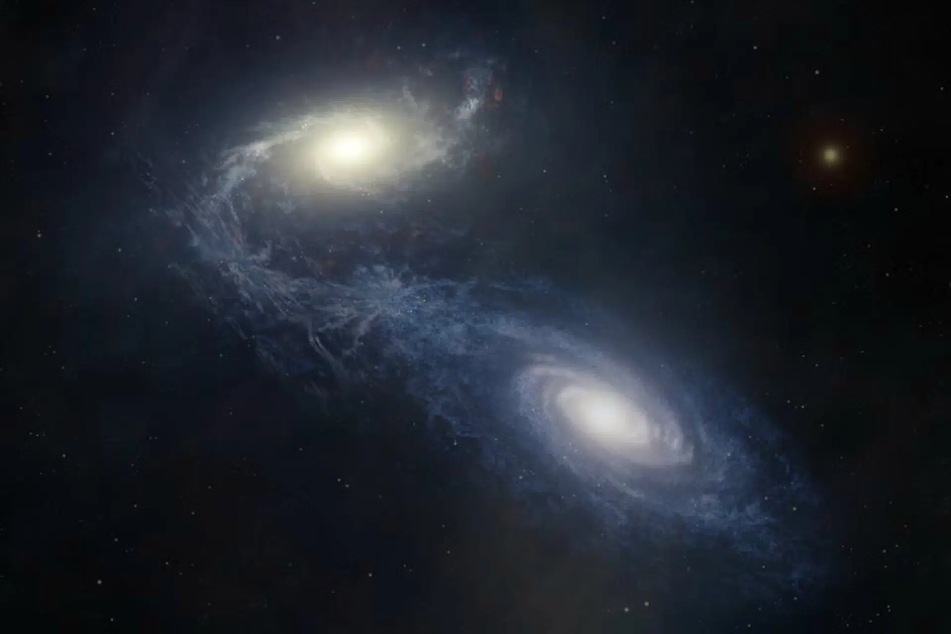 Umjetnički prikaz spiralne galaksije NGC 1365 koja se sudara i spaja s manjom galaksijom.