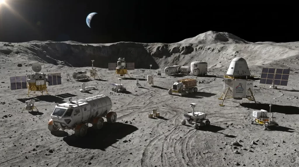 Ilustracija buduće NASA-ine infrastrukture na Mjesecu s roverima, landerima, solarnim panelima i nastambama na lunarnoj površini.