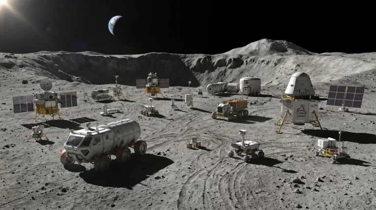 Ilustracija buduće NASA-ine infrastrukture na Mjesecu s roverima, landerima, solarnim panelima i nastambama na lunarnoj površini.