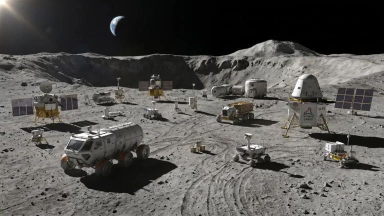 Ilustracija buduće NASA-ine infrastrukture na Mjesecu s roverima, landerima, solarnim panelima i nastambama na lunarnoj površini.