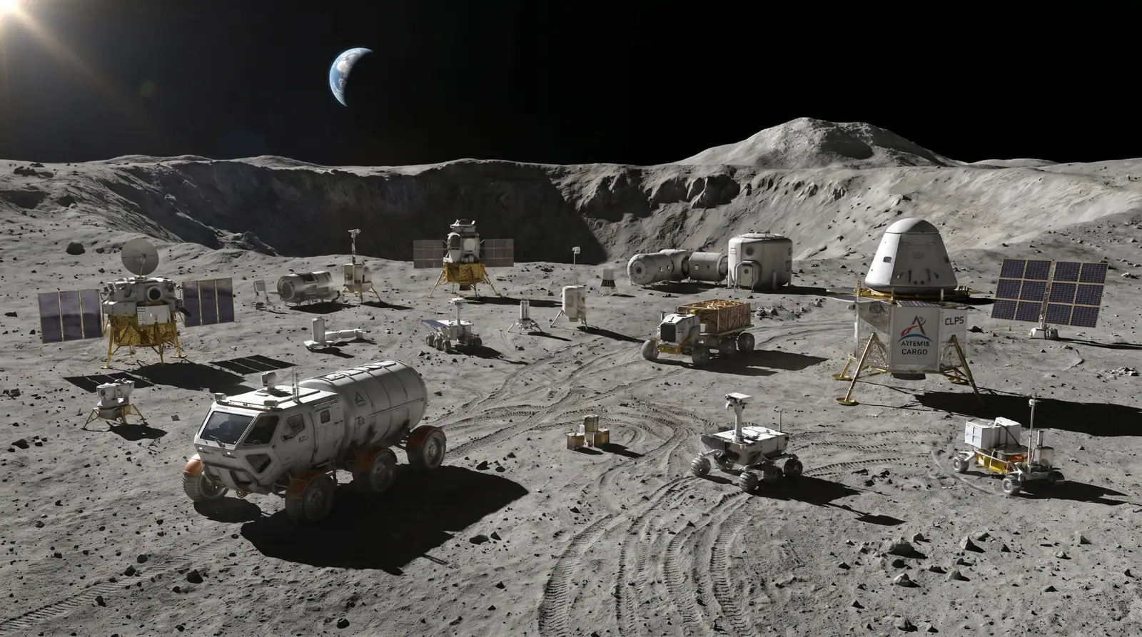 Ilustracija buduće NASA-ine infrastrukture na Mjesecu s roverima, landerima, solarnim panelima i nastambama na lunarnoj površini.