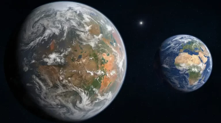 Umjetnička usporedba Super-Zemlje i Zemlje u svemiru, s većim planetom prikazanim lijevo i Zemljom desno.