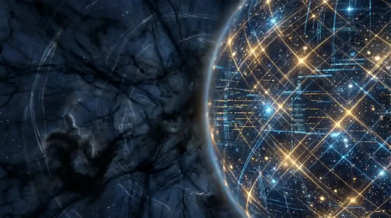 Apstraktni prikaz tamne tvari i simuliranog svemira, s tamnim kozmičkim područjem s lijeve strane i svijetlom planetarnom strukturom prožetom mrežom digitalnih linija s desne strane.