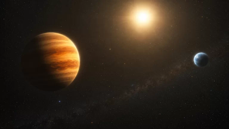Fotorealistična ilustracija vrućeg Jupitera i manjeg mini-Neptuna u orbiti oko sjajne udaljene zvijezde, s pozadinskim zvjezdanim poljem.