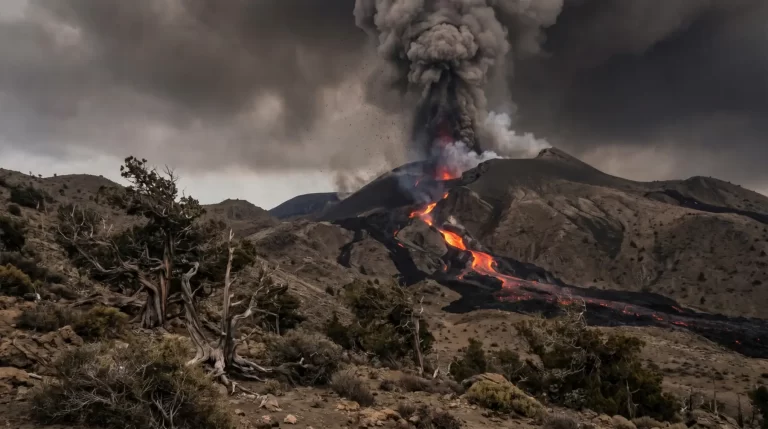 Vulkanska erupcija s tamnim stupom pepela, užarenom lavom i pepelom prekrivenim planinskim krajolikom.