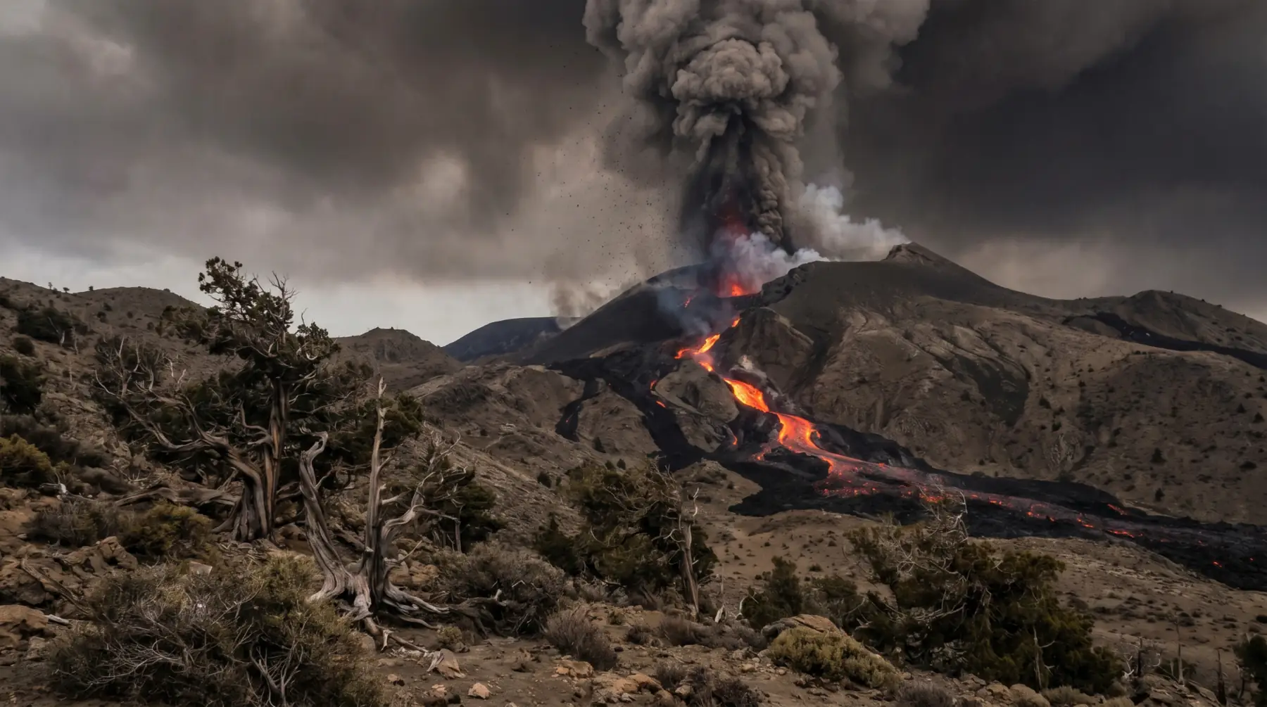 Vulkanska erupcija s tamnim stupom pepela, užarenom lavom i pepelom prekrivenim planinskim krajolikom.
