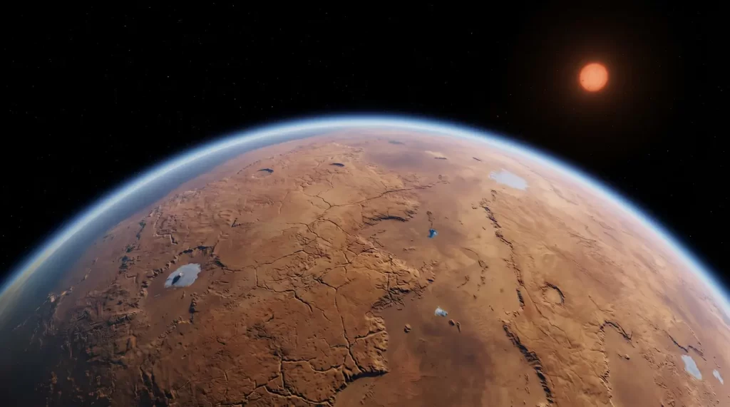 Prikaz stjenovitog planeta s tankom atmosferom u orbiti oko crvenkaste zvijezde, s vidljivom suhom površinom, ledenim područjima i plavim atmosferskim rubom.