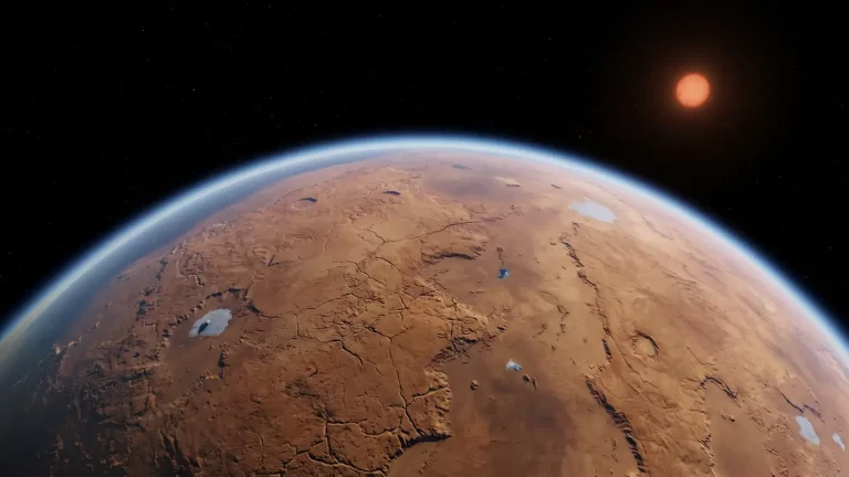 Prikaz stjenovitog planeta s tankom atmosferom u orbiti oko crvenkaste zvijezde, s vidljivom suhom površinom, ledenim područjima i plavim atmosferskim rubom.