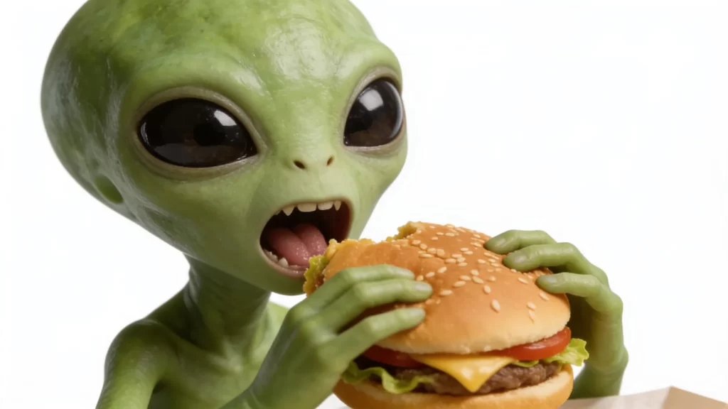 Mali zeleni izvanzemaljac širokih očiju jede hamburger na svijetloj pozadini.