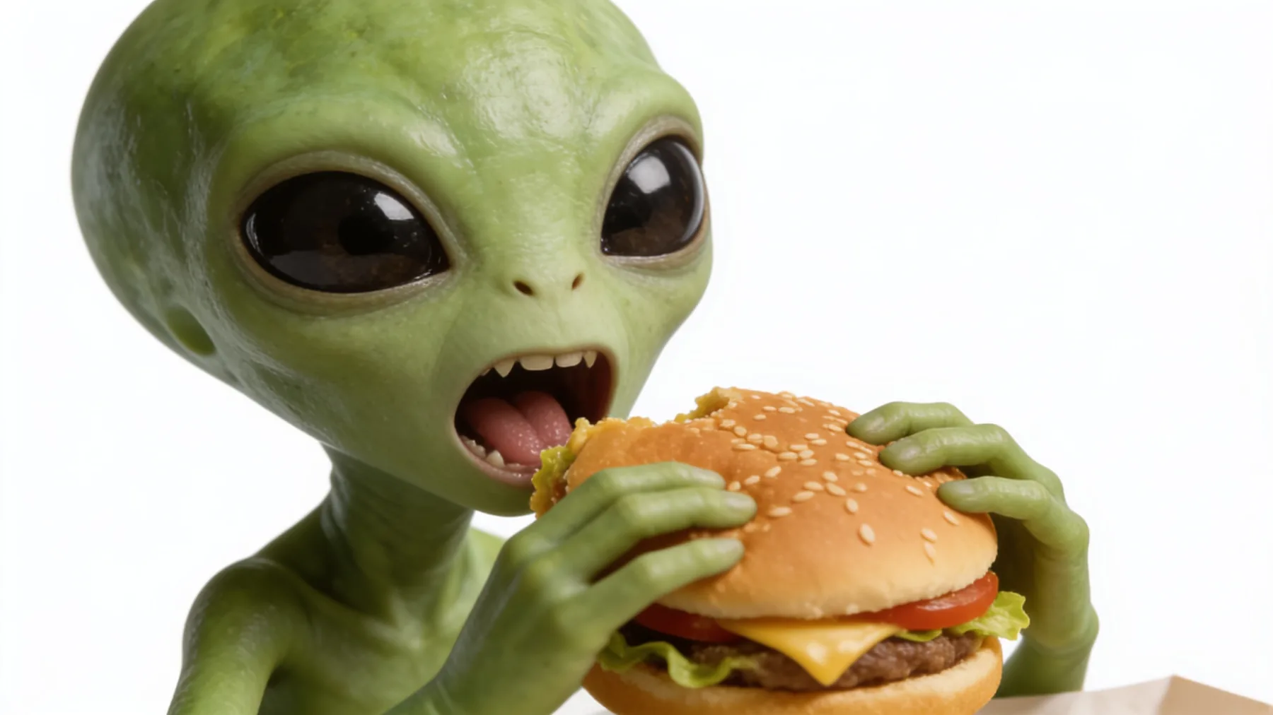 Mali zeleni izvanzemaljac širokih očiju jede hamburger na svijetloj pozadini.