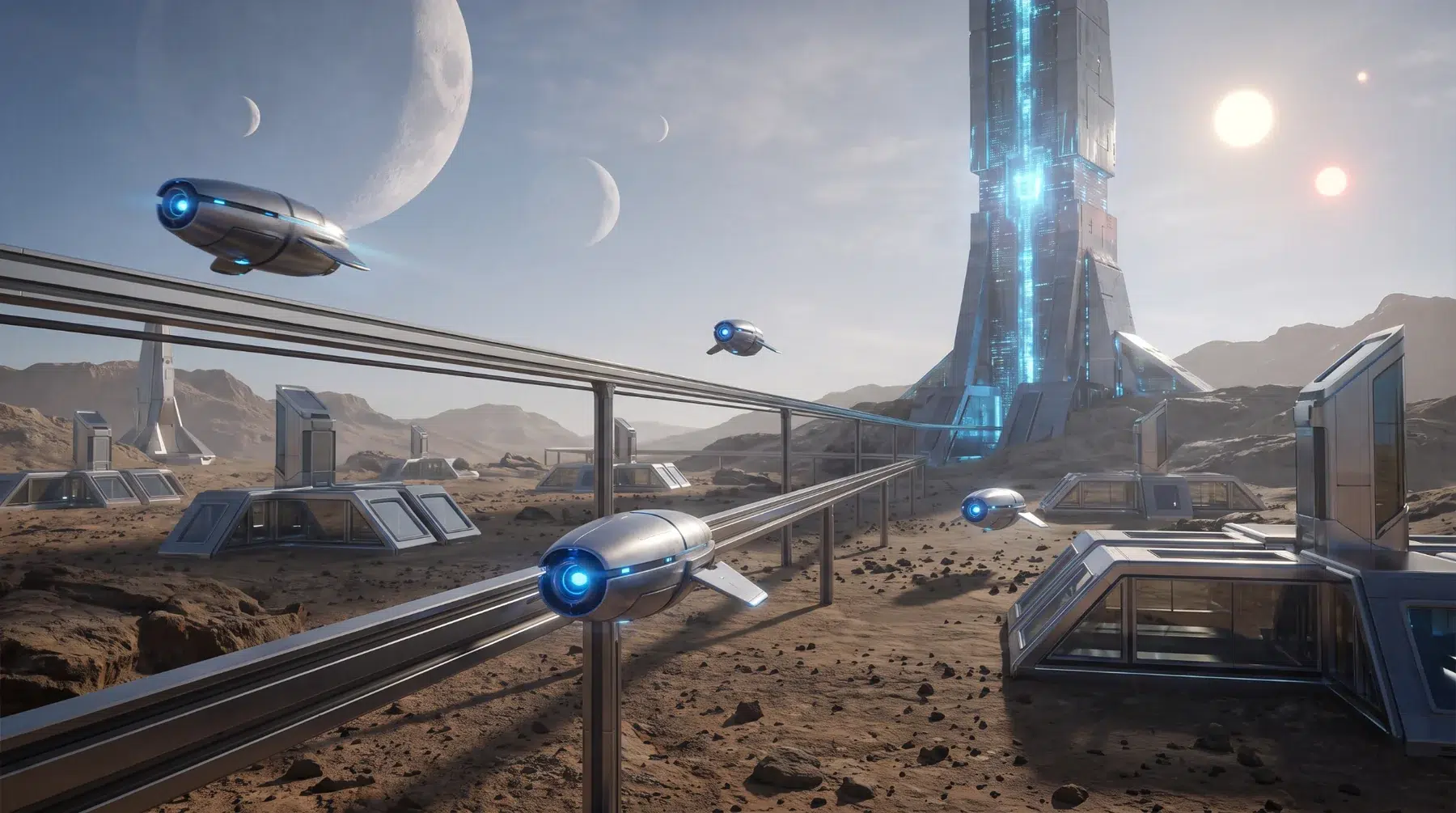 Futurističko svemirsko naselje na kamenitom i sušnom planetu, s više lebdećih letjelica, dugim prometnim koridorima, niskim tehnološkim zgradama i visokim plavo osvijetljenim tornjem, dok se na nebu vide više velikih nebeskih tijela.