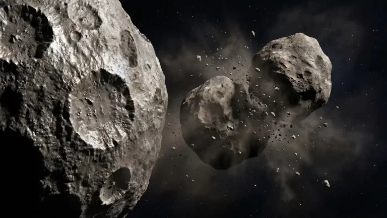 Ilustracija velikog asteroida i dvaju manjih tijela okruženih izbačenim materijalom u svemiru.