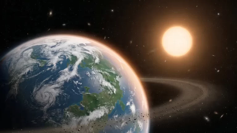 Ilustracija planeta nalik Zemlji u svemiru, s atmosferom, oblacima, obližnjom zvijezdom i pojasom stijena u pozadini.