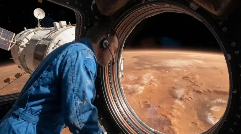 Astronaut promatra Mars kroz veliki prozor svemirske letjelice, s dijelom orbitalnog modula vidljivim u pozadini.