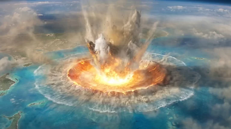 Umjetnička vizualizacija udara velikog asteroida u plitko more na području današnjeg poluotoka Yucatán, događaja koji je stvorio krater Chicxulub.