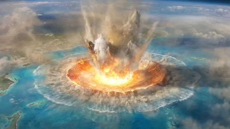 Umjetnička vizualizacija udara velikog asteroida u plitko more na području današnjeg poluotoka Yucatán, događaja koji je stvorio krater Chicxulub.