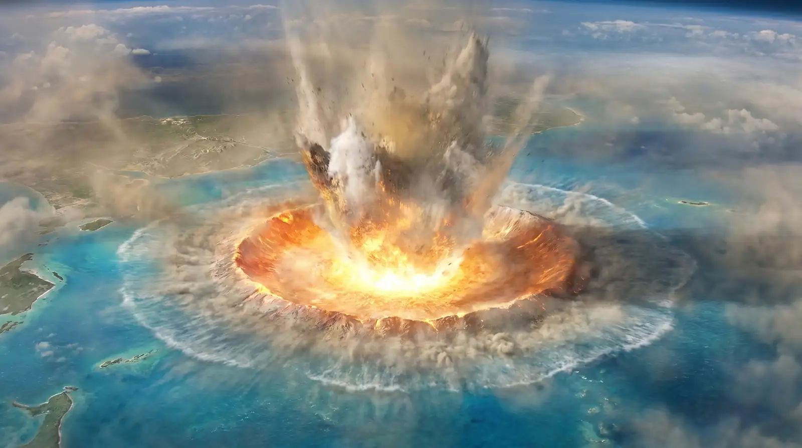 Umjetnička vizualizacija udara velikog asteroida u plitko more na području današnjeg poluotoka Yucatán, događaja koji je stvorio krater Chicxulub.