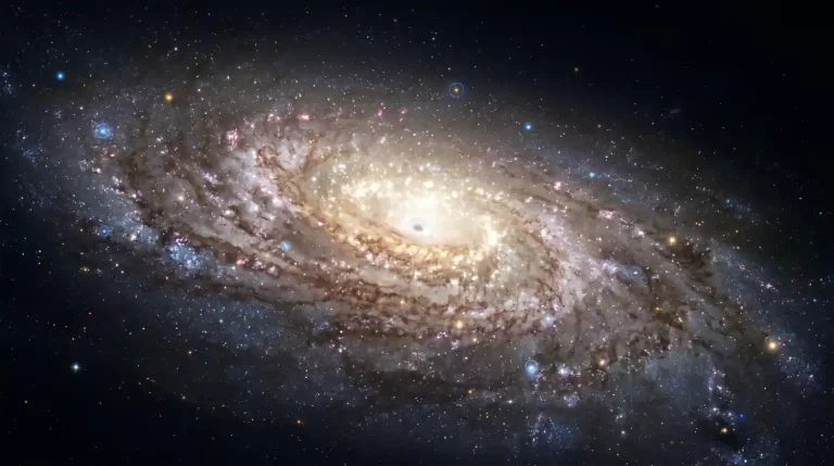 Spiralna galaksija s blistavom jezgrom, tamnim prašinastim trakama i brojnim zvijezdama raspršenima kroz galaktički disk.