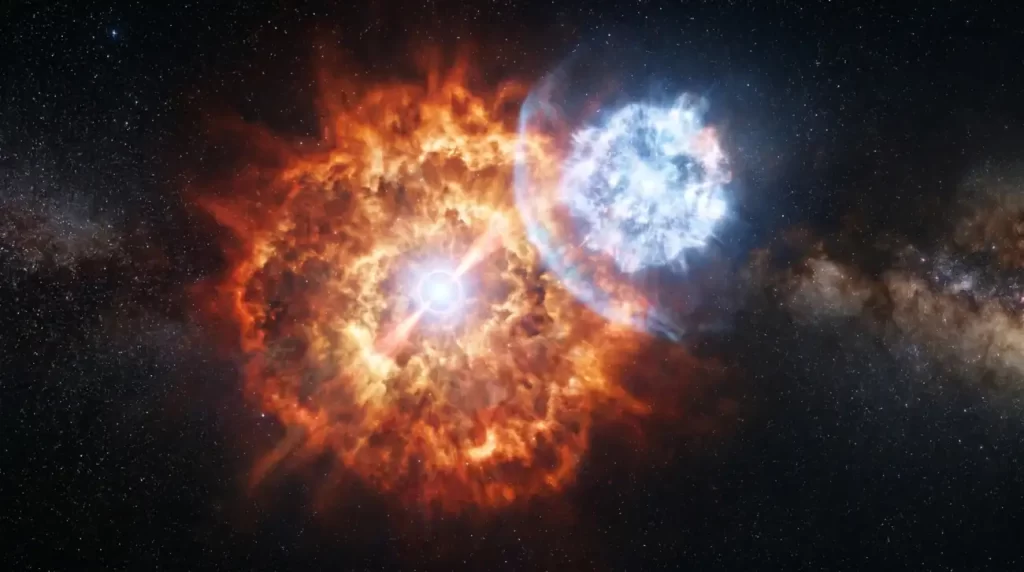 Umjetnički prikaz dviju povezanih eksplozija supernova iz istog binarnog sustava, scenarija koji bi mogao objasniti ostatke supernova IC 443 i G189.6+3.3.