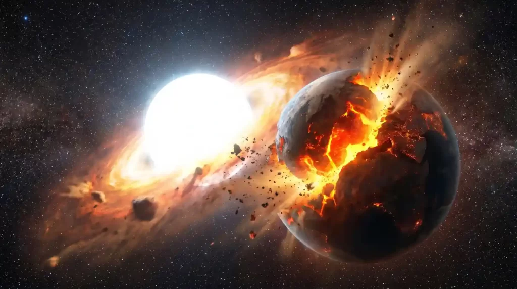 Ilustracija prikazuje Zemlju kao spaljen planet u blizini golemog, umirućeg Sunca, s izbačenim materijalom i užarenim pukotinama na površini.