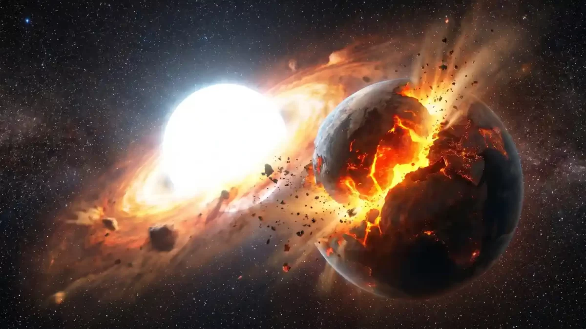 Ilustracija prikazuje Zemlju kao spaljen planet u blizini golemog, umirućeg Sunca, s izbačenim materijalom i užarenim pukotinama na površini.