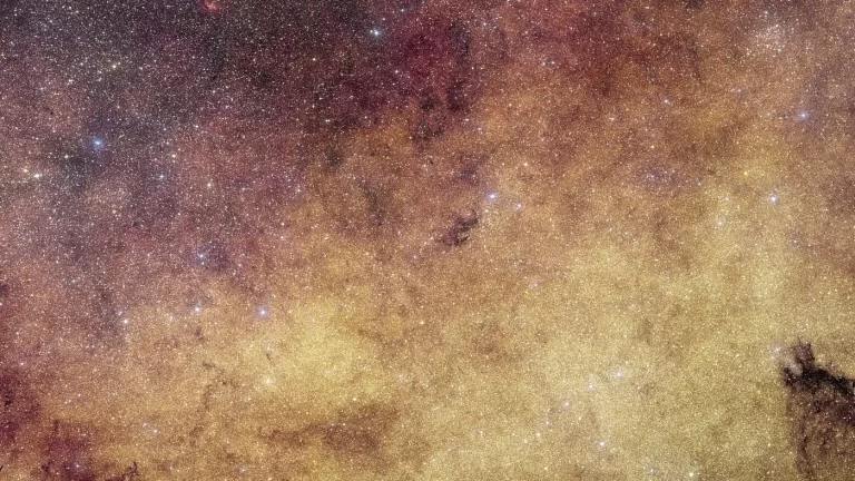 Euclidova fotografija središta Mliječne staze prikazuje gusto zvjezdano polje s milijunima zvijezda, tamnim oblacima prašine i žućkastim sjajem galaktičkog izbočenja.