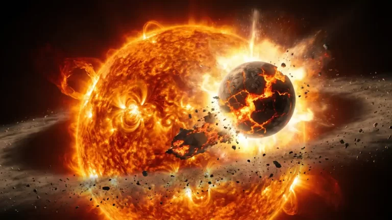 Ilustracija zvijezde nalik Suncu okružene krhotinama i razorenim planetarnim tijelom koje se raspada u blizini njezine površine.