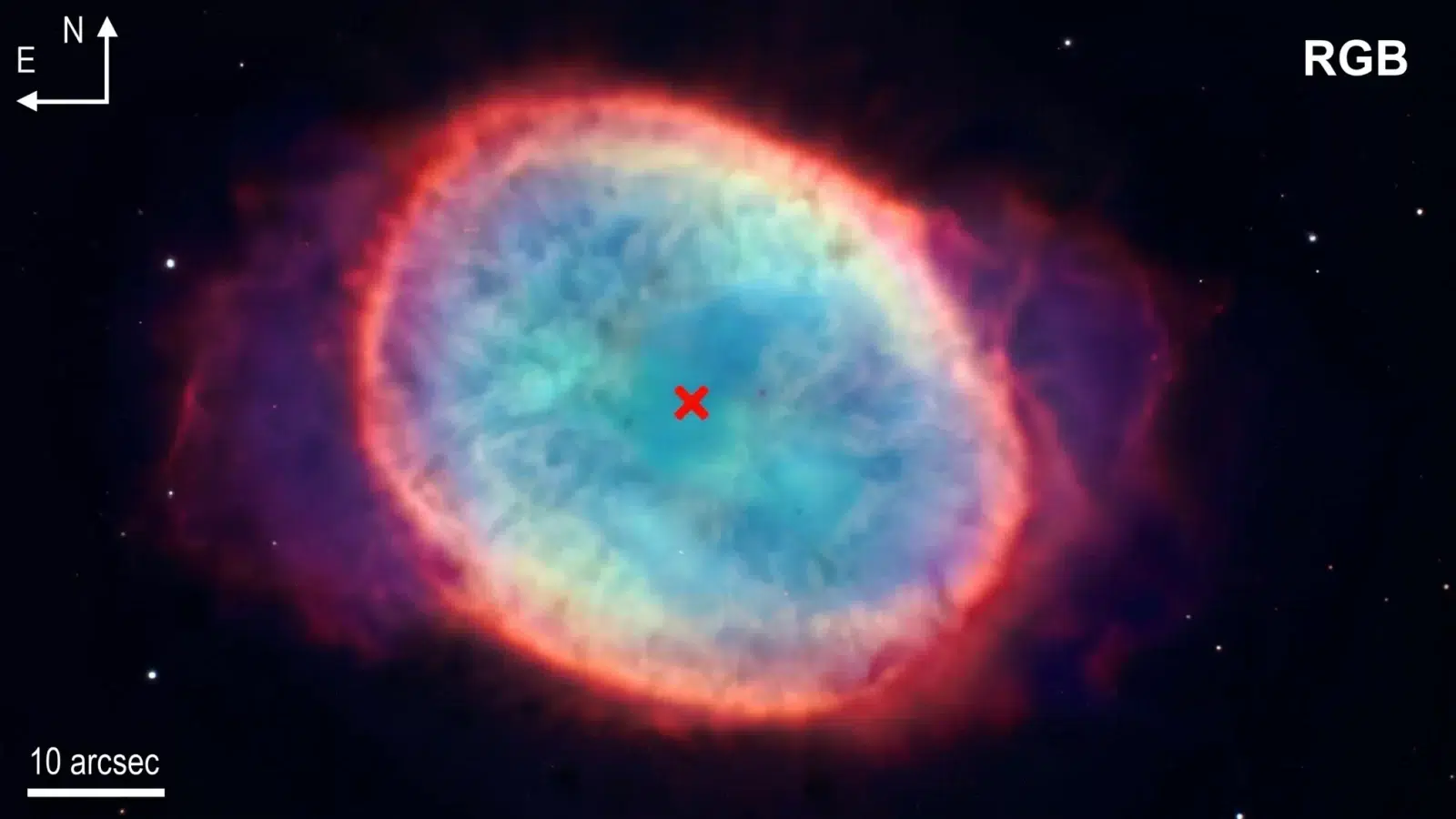 RGB kompozitna fotografija NGC 6563 prikazuje prostorni raspored glavnih emisijskih linija maglice, pri čemu su [N II], Hα i [O III] dodijeljeni crvenom, zelenom i plavom kanalu. Crveni križ označava položaj središnje zvijezde prema katalogu Gaia DR3. Zasluge: Al i sur., 2026. Kozmos.hr
