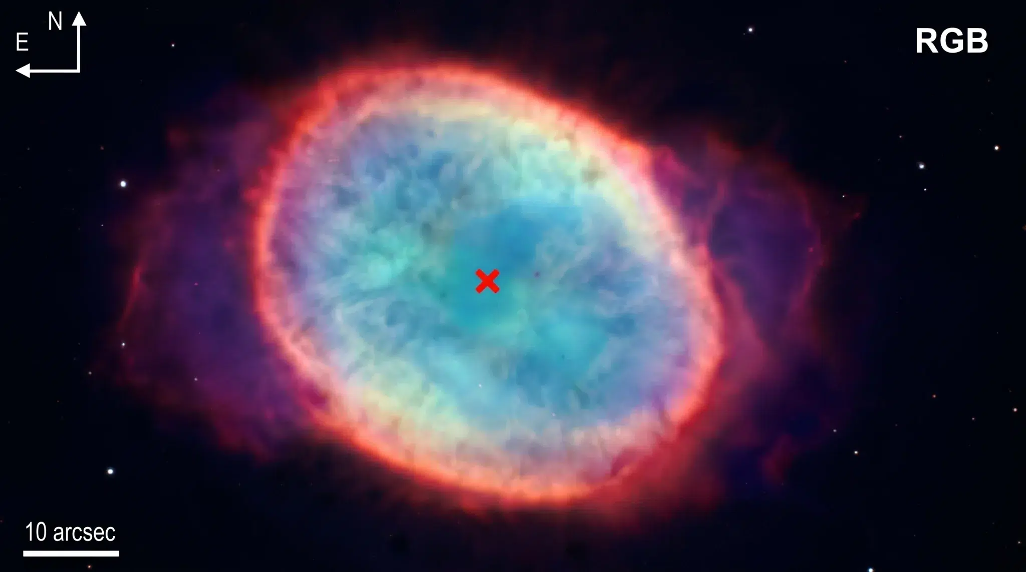 RGB kompozitna fotografija NGC 6563 prikazuje prostorni raspored glavnih emisijskih linija maglice, pri čemu su [N II], Hα i [O III] dodijeljeni crvenom, zelenom i plavom kanalu. Crveni križ označava položaj središnje zvijezde prema katalogu Gaia DR3. Zasluge: Al i sur., 2026. Kozmos.hr