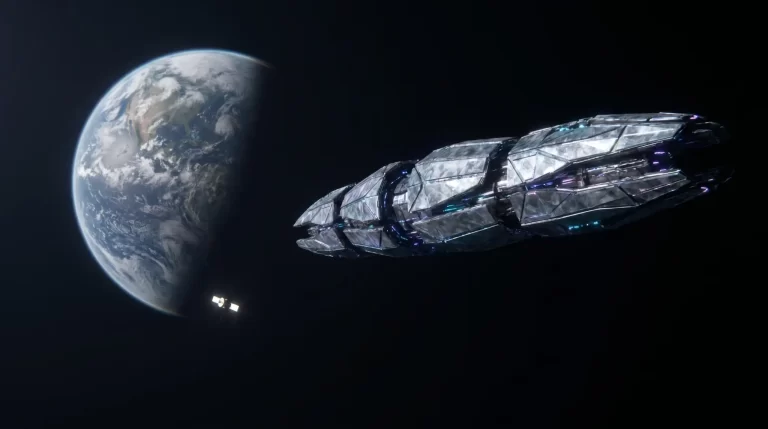 Ilustracija velike futurističke letjelice u svemiru pokraj Zemlje, uz manju letjelicu u blizini planeta.