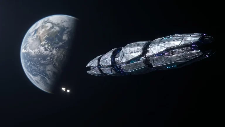 Ilustracija velike futurističke letjelice u svemiru pokraj Zemlje, uz manju letjelicu u blizini planeta.