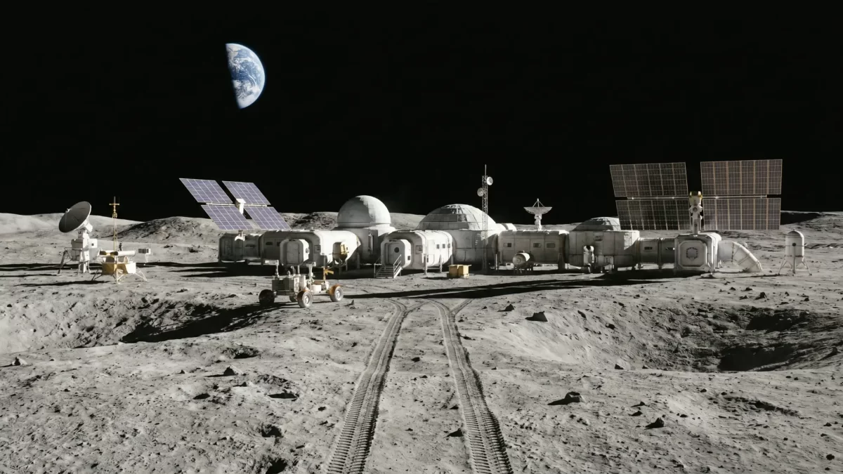Lunarna postaja na površini Mjeseca s modulima, solarnim panelima, roverom i Zemljom vidljivom na tamnom nebu.
